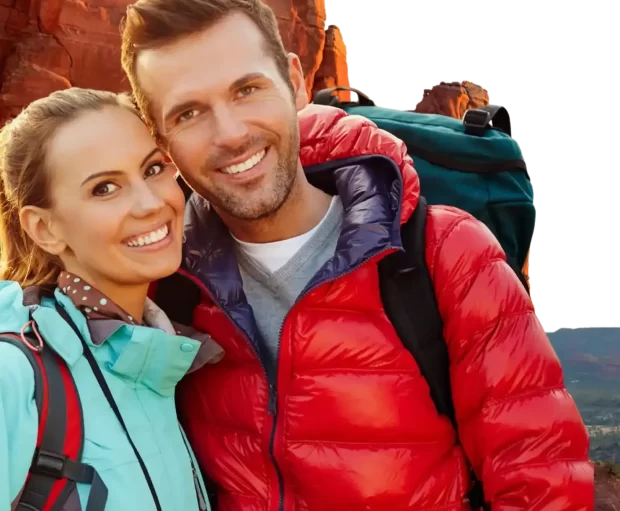 Young couple in hiking gear, prepared for the cold in the mountains around Phoenix Valley. They've worked hard to have the financial wherewithal to be able to take these trips